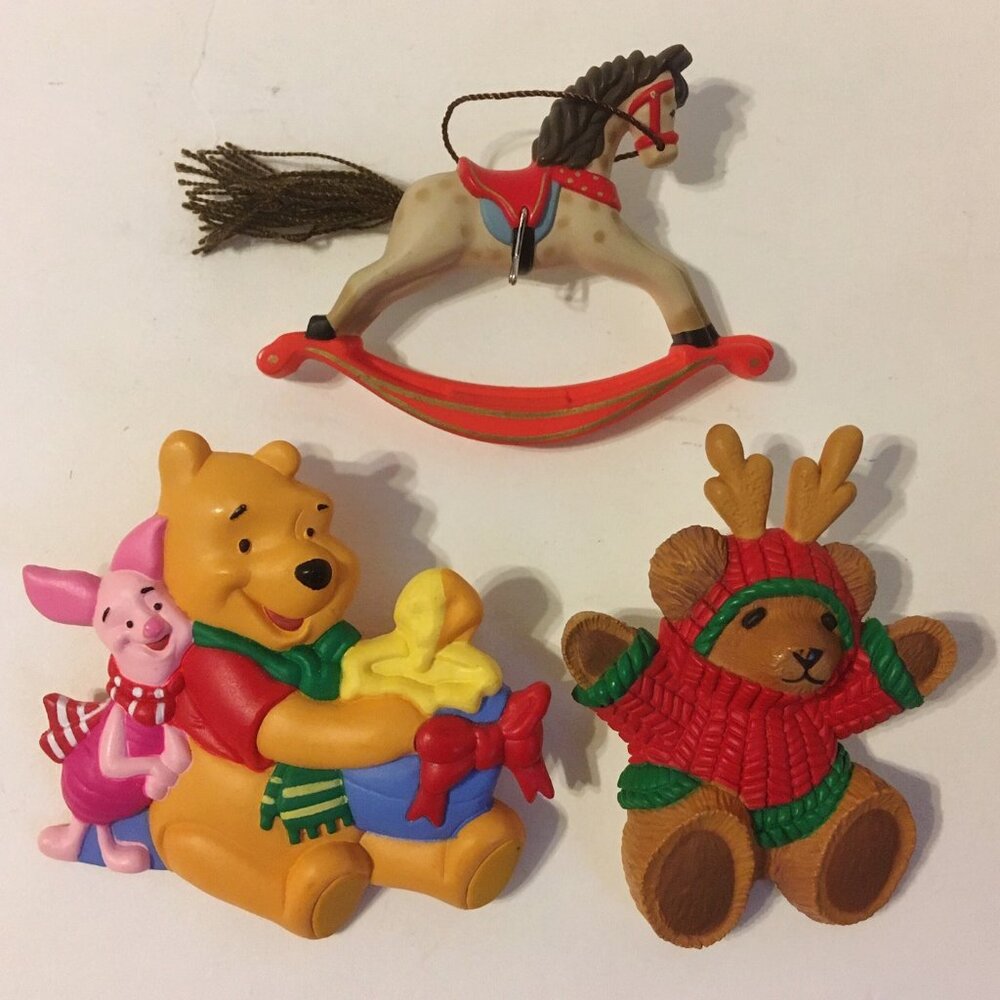 3 Pins Brooch Disney Hallmark Cards Holiday Piglet Pooh Bear Teddy Rocking Horse